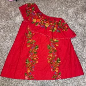 One Shoulder Red Tropical Mini Dress, XL